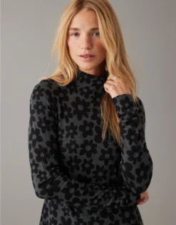 AE Knit Mock Neck Long-Sleeve Flower Mini Dress